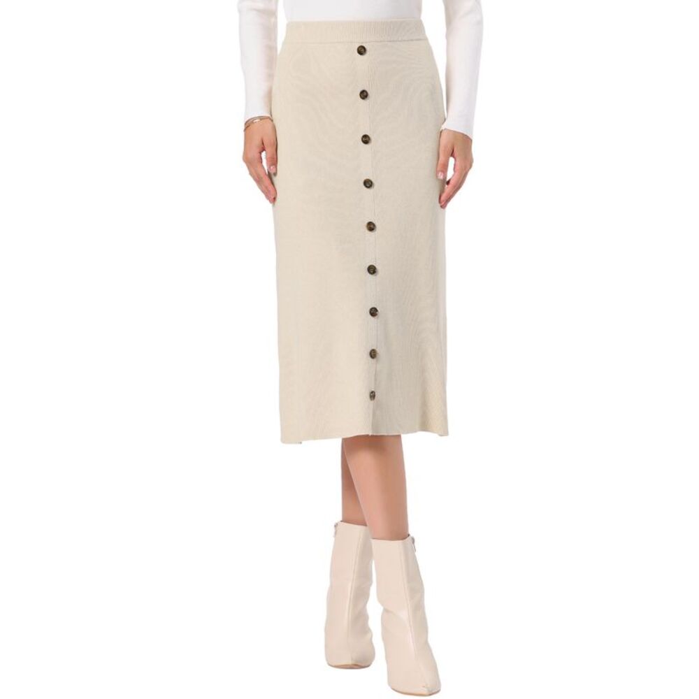 Women's High Waist Button Decor Sweater Skirt Knit Midi Skirt Apricot